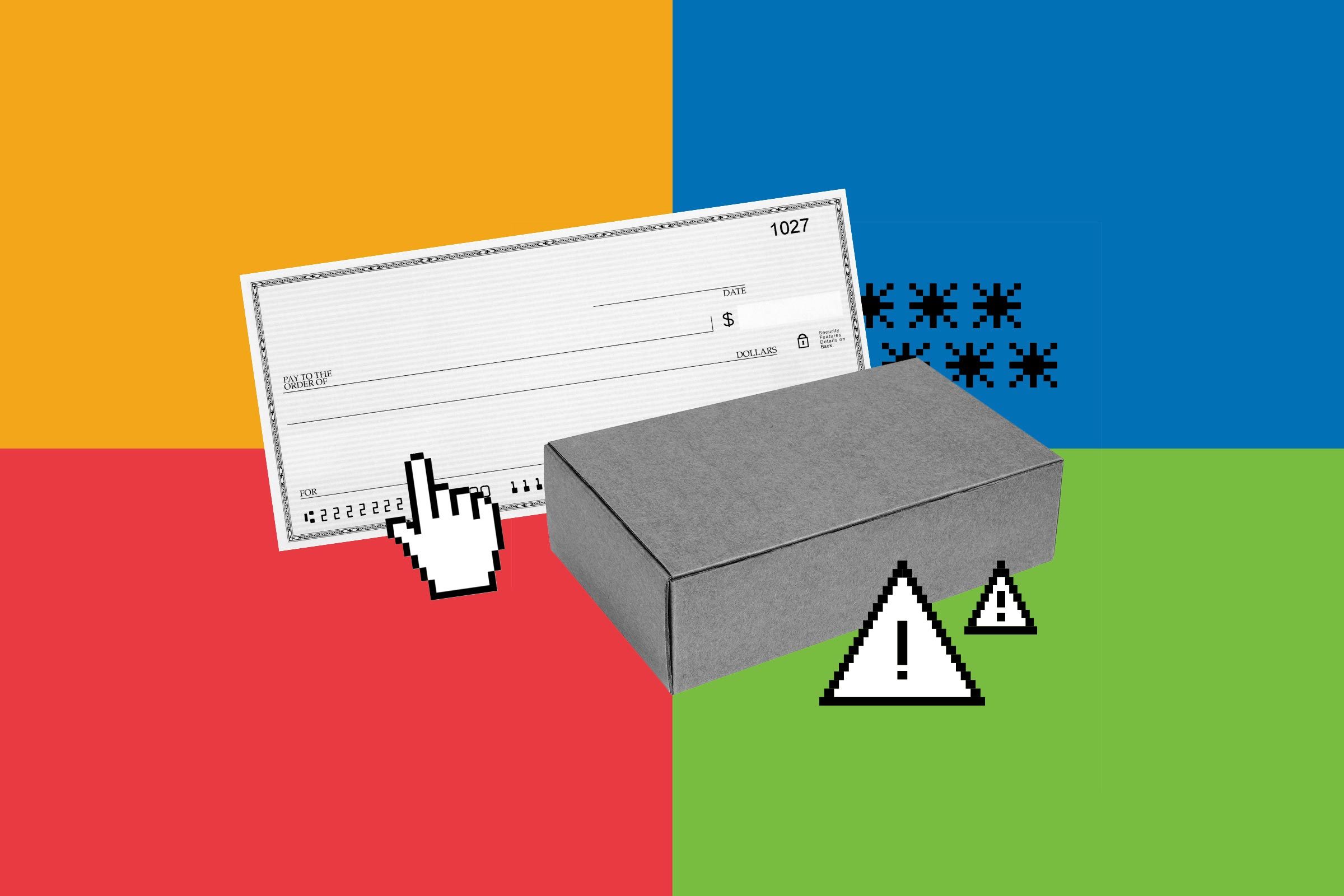 A check image with a cursor pointing, adjacent to a gray box with pixelated warning triangles, on a colorful background.
