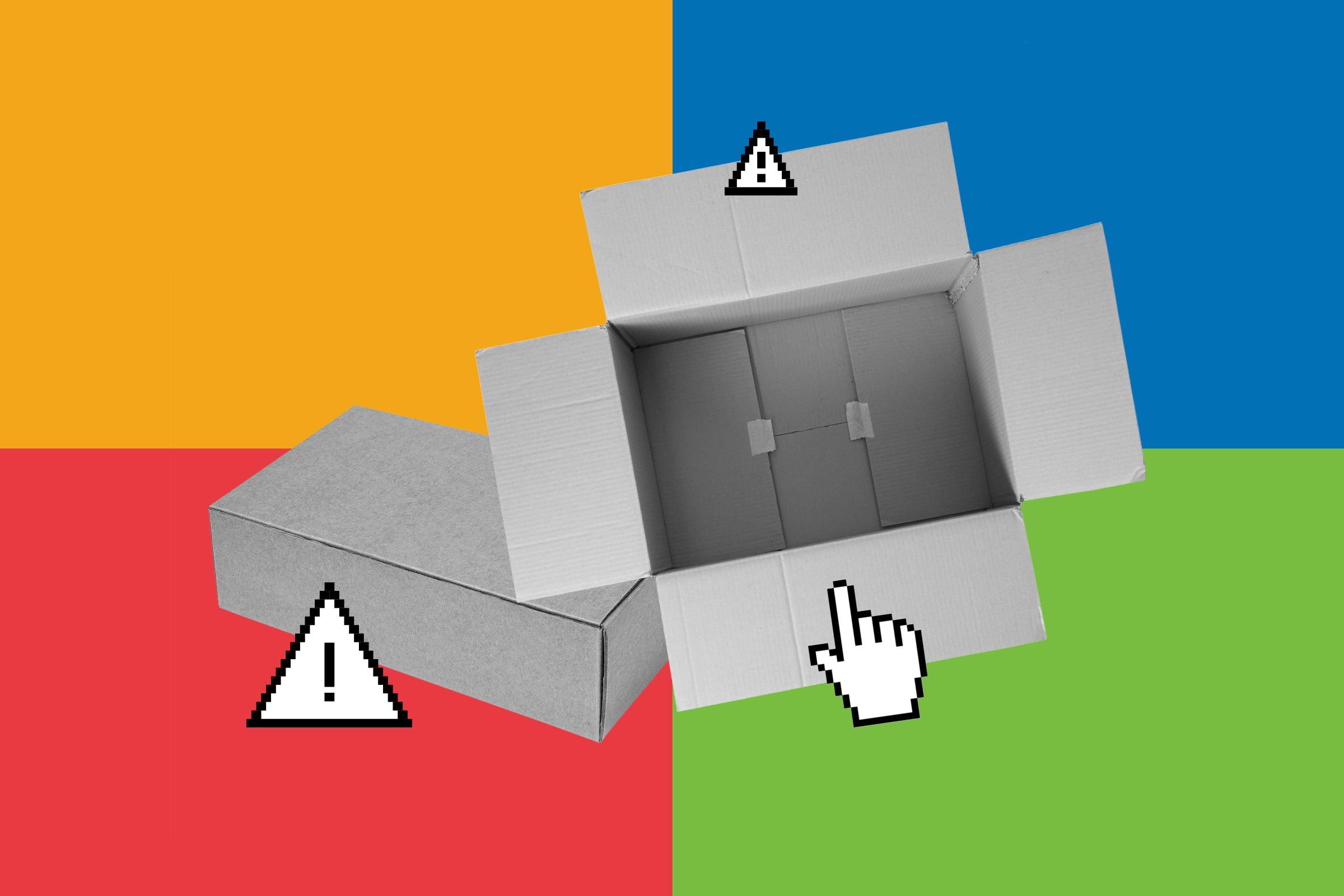 Open cardboard box surrounded by pixelated warning symbols and cursor on a colorful, divided background.