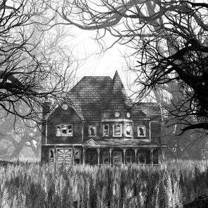 A decrepit house stands abandoned, surrounded by overgrown grass and eerie, twisted trees under a gloomy, overcast sky.