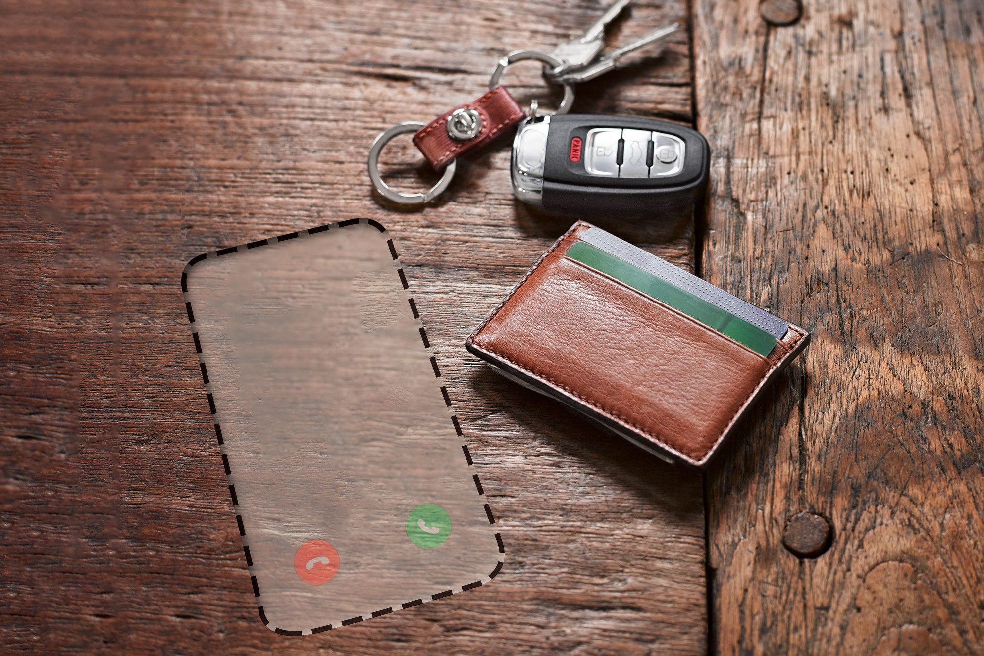 Wallet rests on a wooden surface, beside car keys. An invisible phone outlined with call icons is sketched on the wood.
