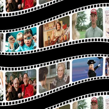 Filmstrip displays various iconic movie scenes, showcasing diverse characters and settings, illustrating a vibrant montage of cinematic moments in colorful frames.