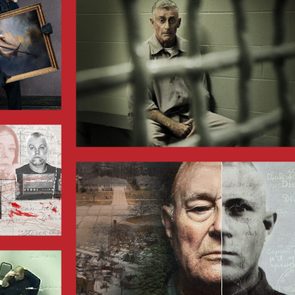 Collage of crime-themed images: a person steals a painting, a man sits behind bars, multiple mugshots, and investigators work on computers.