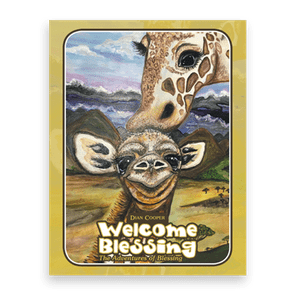 A young giraffe being nuzzled by an adult amidst a colorful landscape. Text: â€œWelcome Blessing: The Adventures of Blessingâ€ by Dian Cooper.