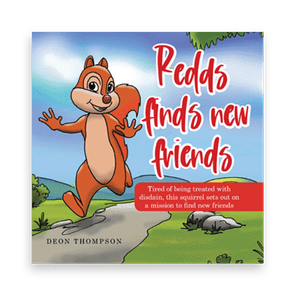 A cheerful squirrel waves, walking along a path in a vibrant, grassy landscape. Text: 