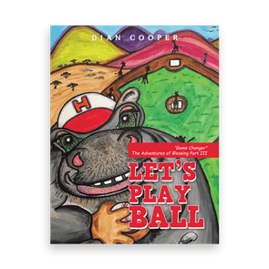 A hippo wearing a baseball cap smiles, holding a baseball. Surrounding hills feature grazing animals. Book title: 