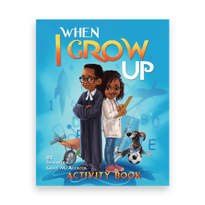 Two children envision careers, dressed as a judge and a scientist. A playful dog with a soccer ball is nearby. Text reads, 