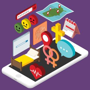 Objects like emoticons, maps, and icons float above a smartphone, representing digital communication and information in a conceptual, colorful 3D style on a purple background.