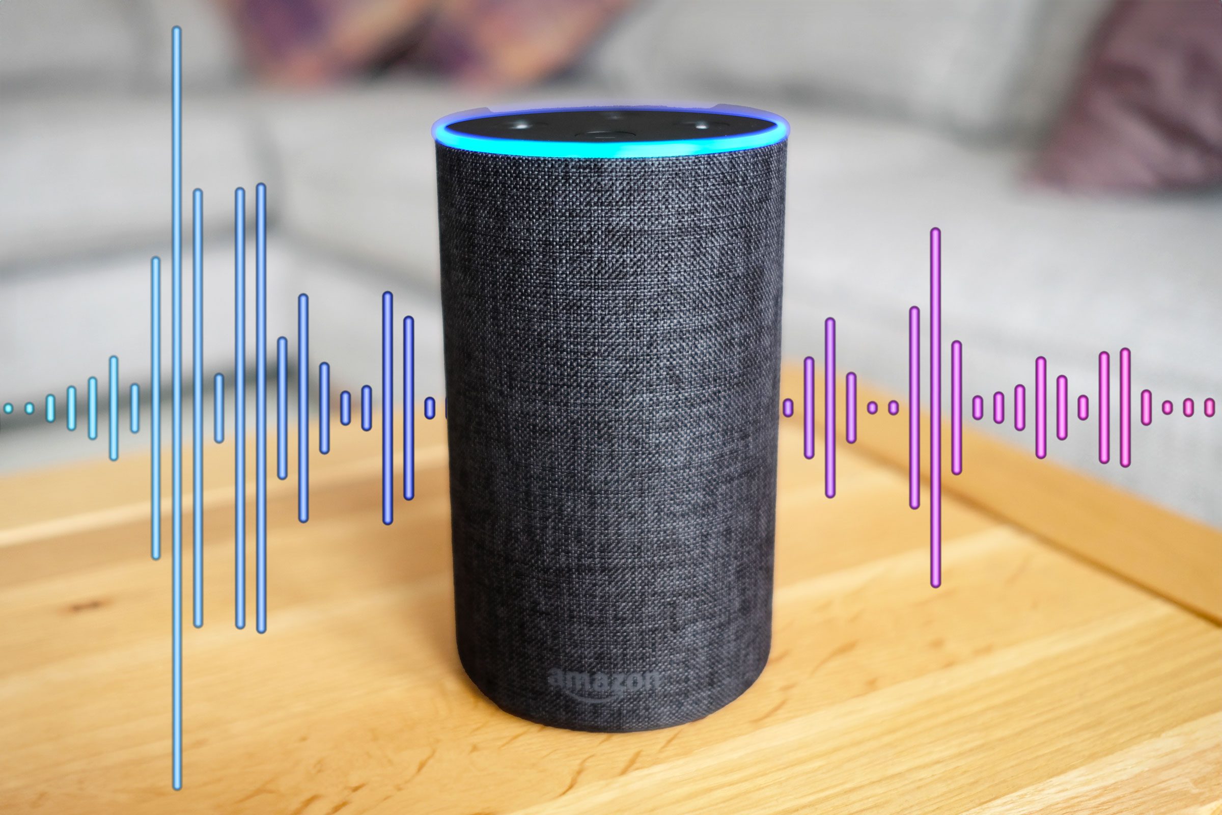 A cylindrical smart speaker with a glowing blue ring plays music, illustrated by colorful sound waves, on a wooden table in a cozy room.
