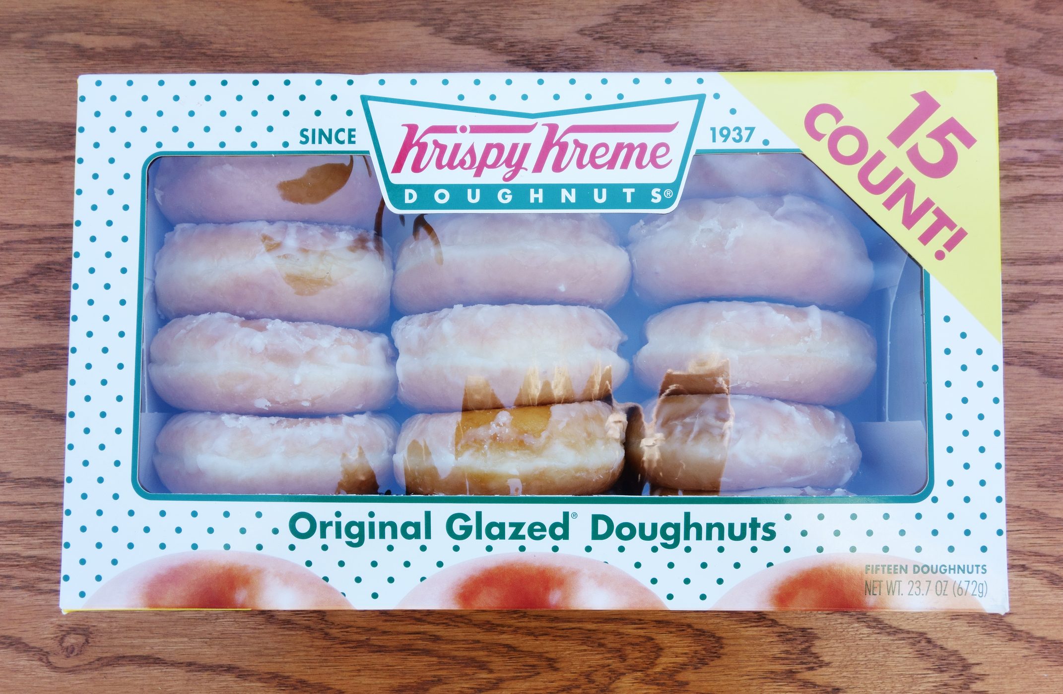 Carton of Krispy Kreme doughnuts