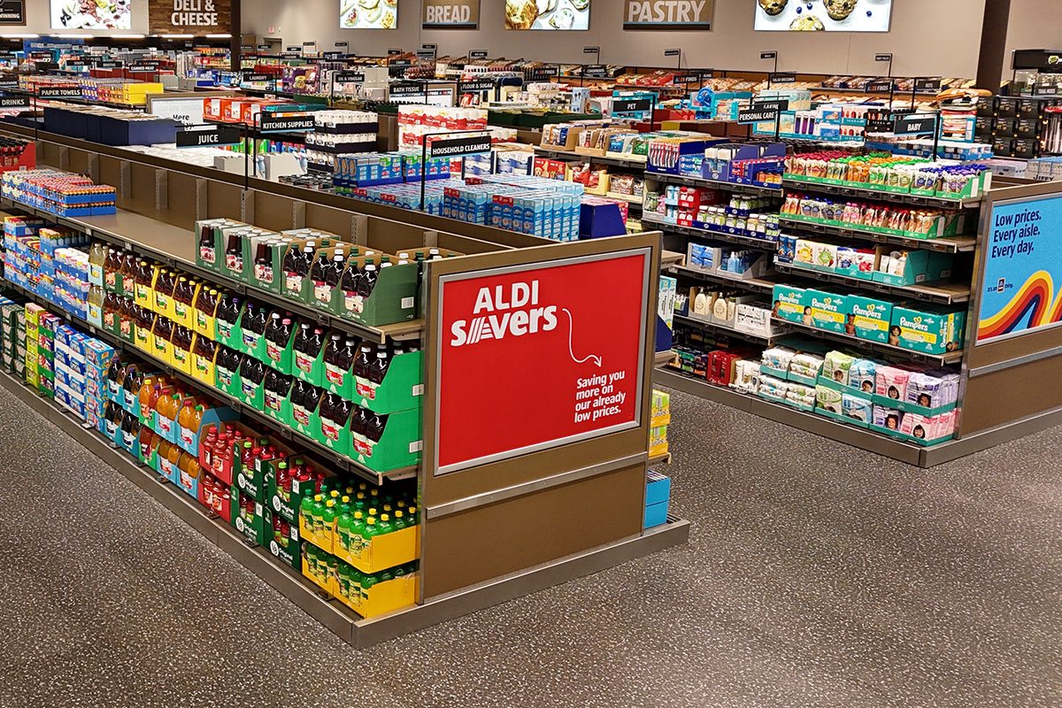 Aldi store interior with items in shelves